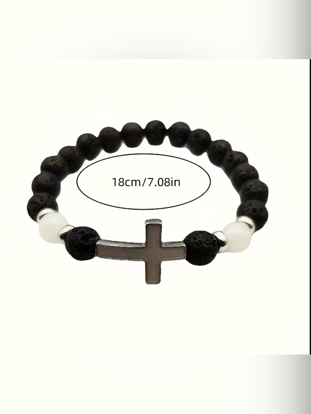Black Lava Bead Bracelet with Cross Accent